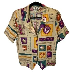 Vintage Box Office Fruit‎ Print Shirt Women M Short Sleeve Artsy Teacher Cottage